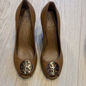 Tory Burch Brown Leather Peep-Toe Heels
